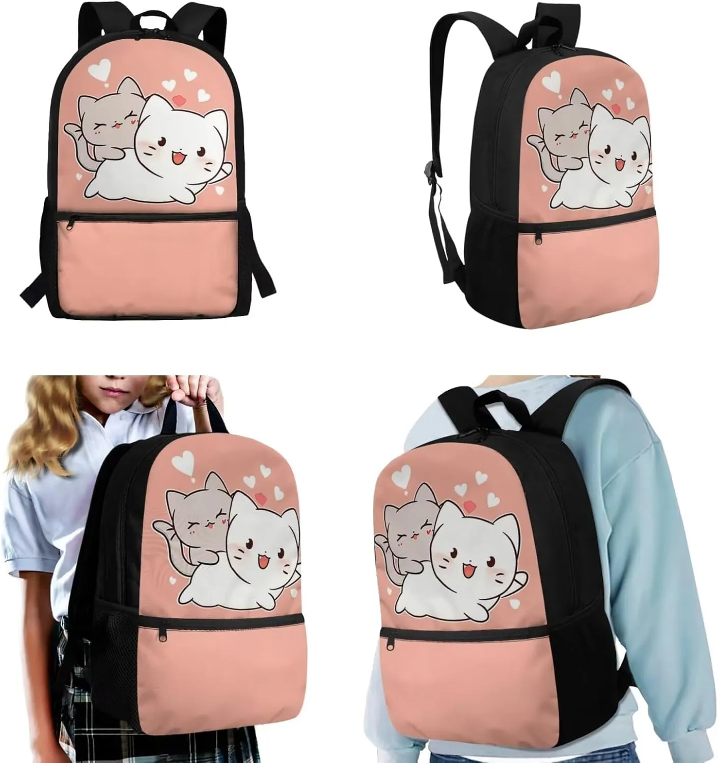 Cartoon Cat Backpack for School Kids Girls 8-9/9-12/8-12 Elementary School Bookbag for Girls with Lunch Box Set Student Book Bag Lunchbox Pencil Case Large Capacity Schoolbag