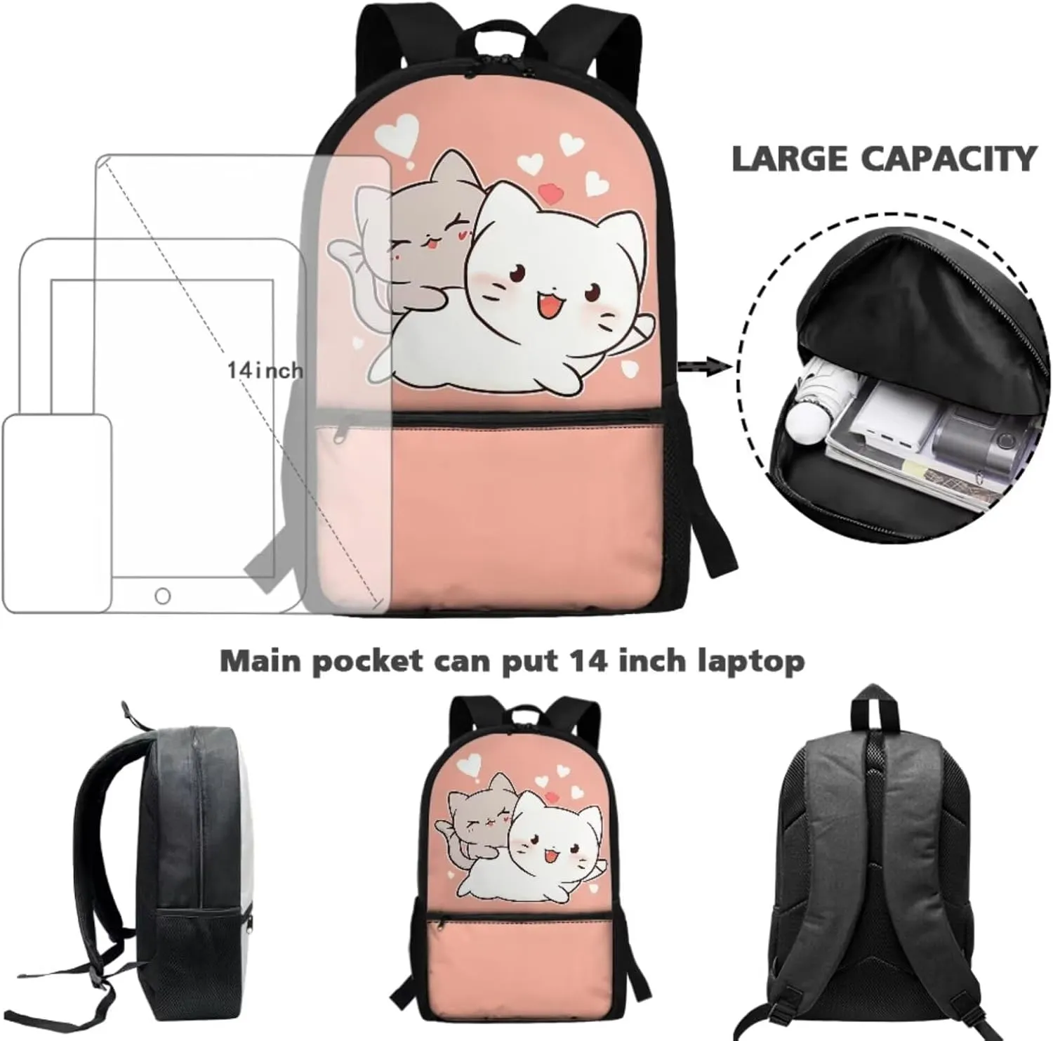 Cartoon Cat Backpack for School Kids Girls 8-9/9-12/8-12 Elementary School Bookbag for Girls with Lunch Box Set Student Book Bag Lunchbox Pencil Case Large Capacity Schoolbag