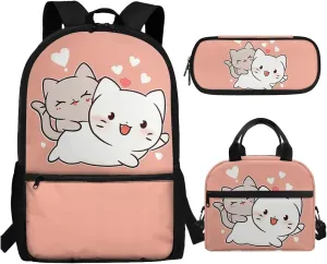 Cartoon Cat Backpack for School Kids Girls 8-9/9-12/8-12 Elementary School Bookbag for Girls with Lunch Box Set Student Book Bag Lunchbox Pencil Case Large Capacity Schoolbag