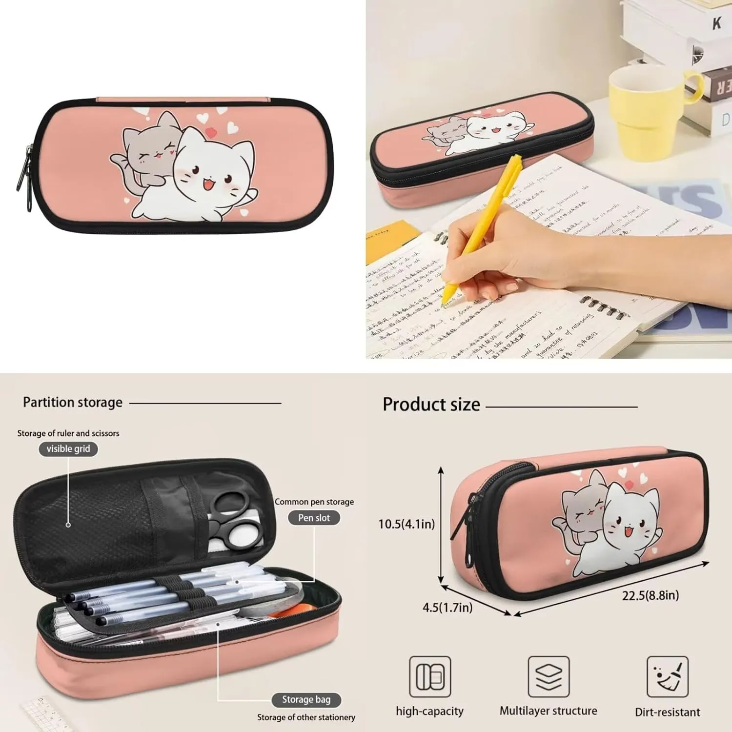 Cartoon Cat Backpack for School Kids Girls 8-9/9-12/8-12 Elementary School Bookbag for Girls with Lunch Box Set Student Book Bag Lunchbox Pencil Case Large Capacity Schoolbag