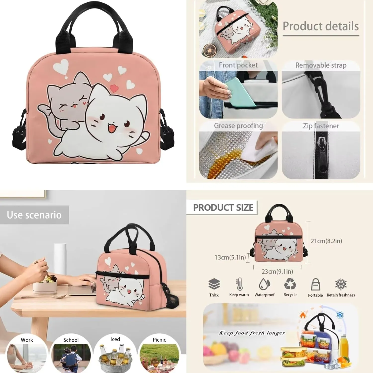 Cartoon Cat Backpack for School Kids Girls 8-9/9-12/8-12 Elementary School Bookbag for Girls with Lunch Box Set Student Book Bag Lunchbox Pencil Case Large Capacity Schoolbag