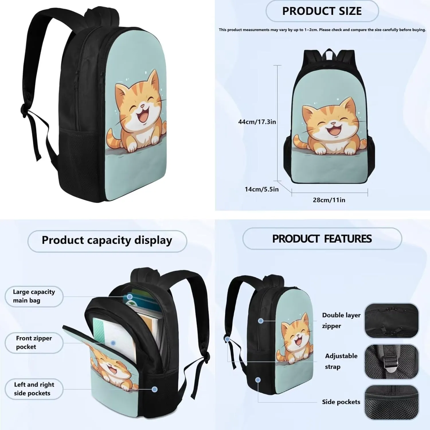 Cartoon Cat Backpacks for Kids 8-10 Cute Bookbag for Primary School Daypack Elementary Students 12 inch Cute Kindergarten Backpacks Bookbag Easy To Clean,Hand Washable