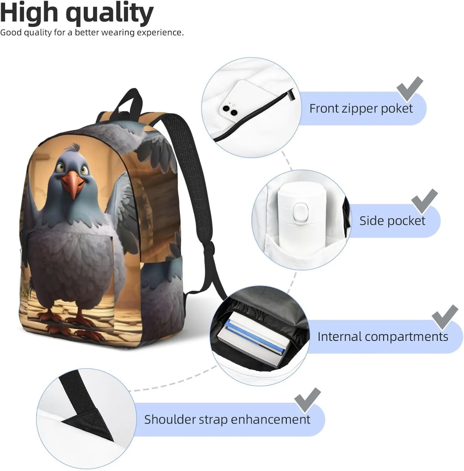 Cartoon Pigeon 1 Classic Style Backpacks Travel Bag For Men Women Lightweight Back Pack With Laptop Compartmen