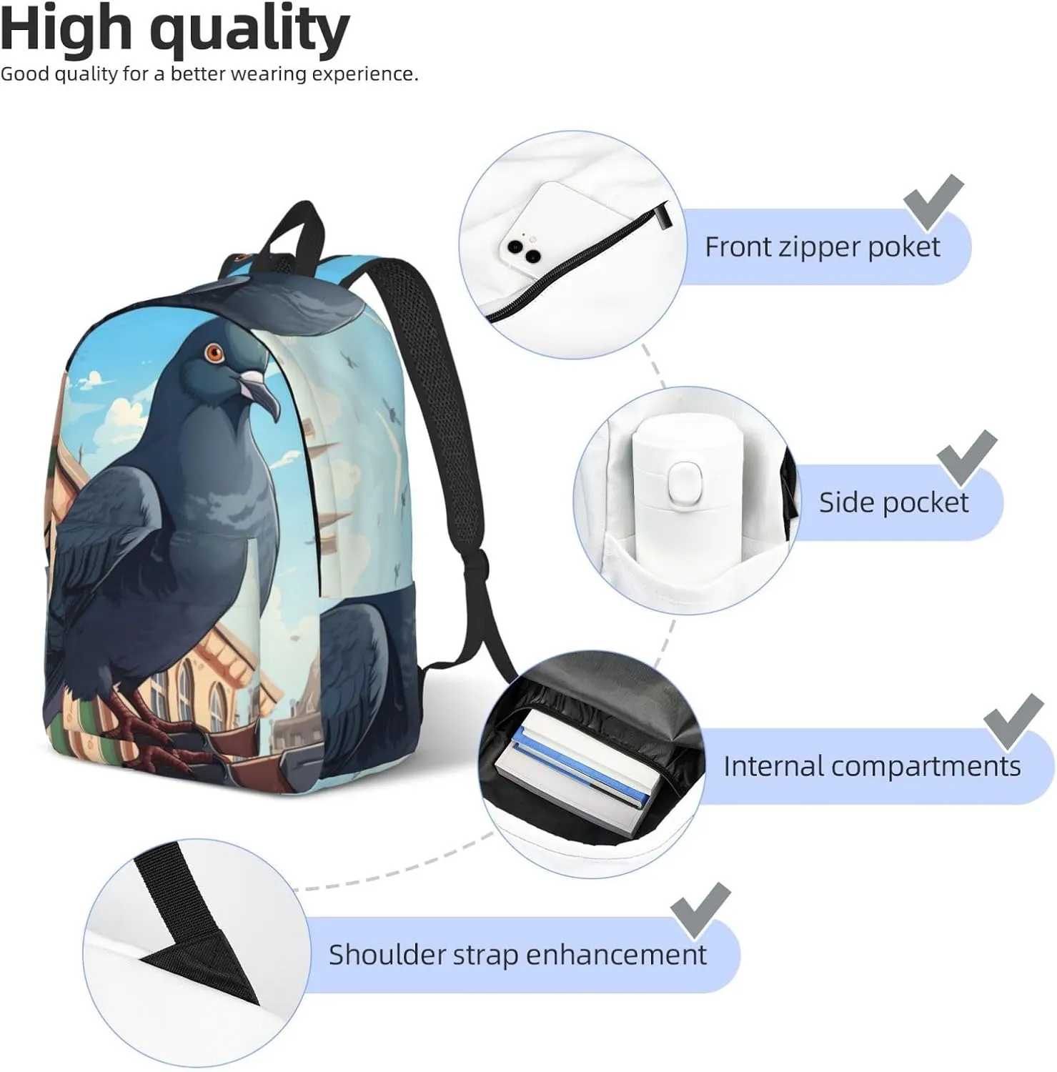 Cartoon Pigeon Classic Style Backpacks Travel Bag For Men Women Lightweight Back Pack With Laptop Compartmen
