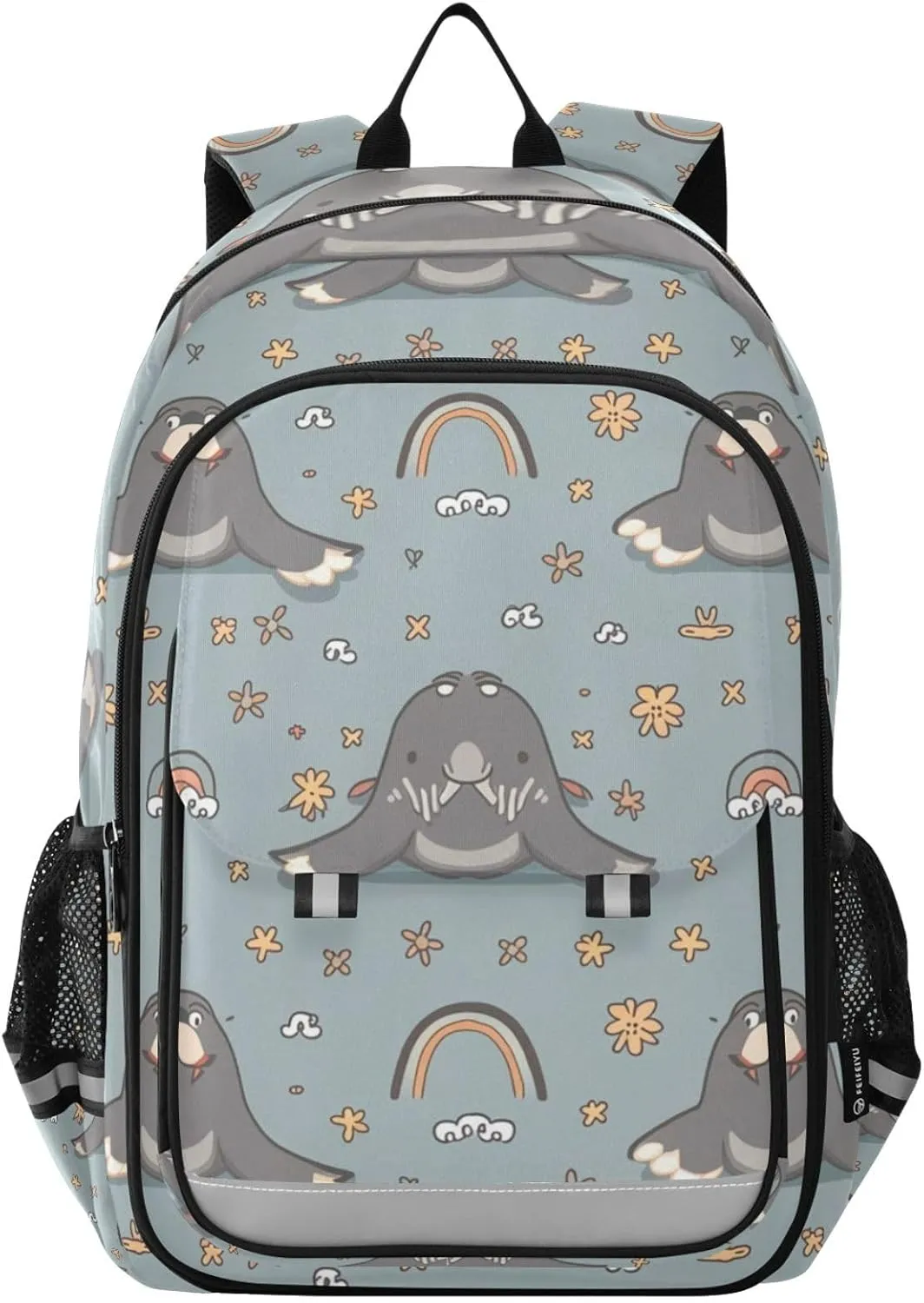 Cartoon Walrus Rainbow Flower Backpack Girls Boys Elementary School Bags Bookbags Laptop Backpack Travel Daypack Safe Reflective Stripes
