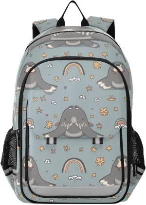 Cartoon Walrus Rainbow Flower Backpack Girls Boys Elementary School Bags Bookbags Laptop Backpack Travel Daypack Safe Reflective Stripes
