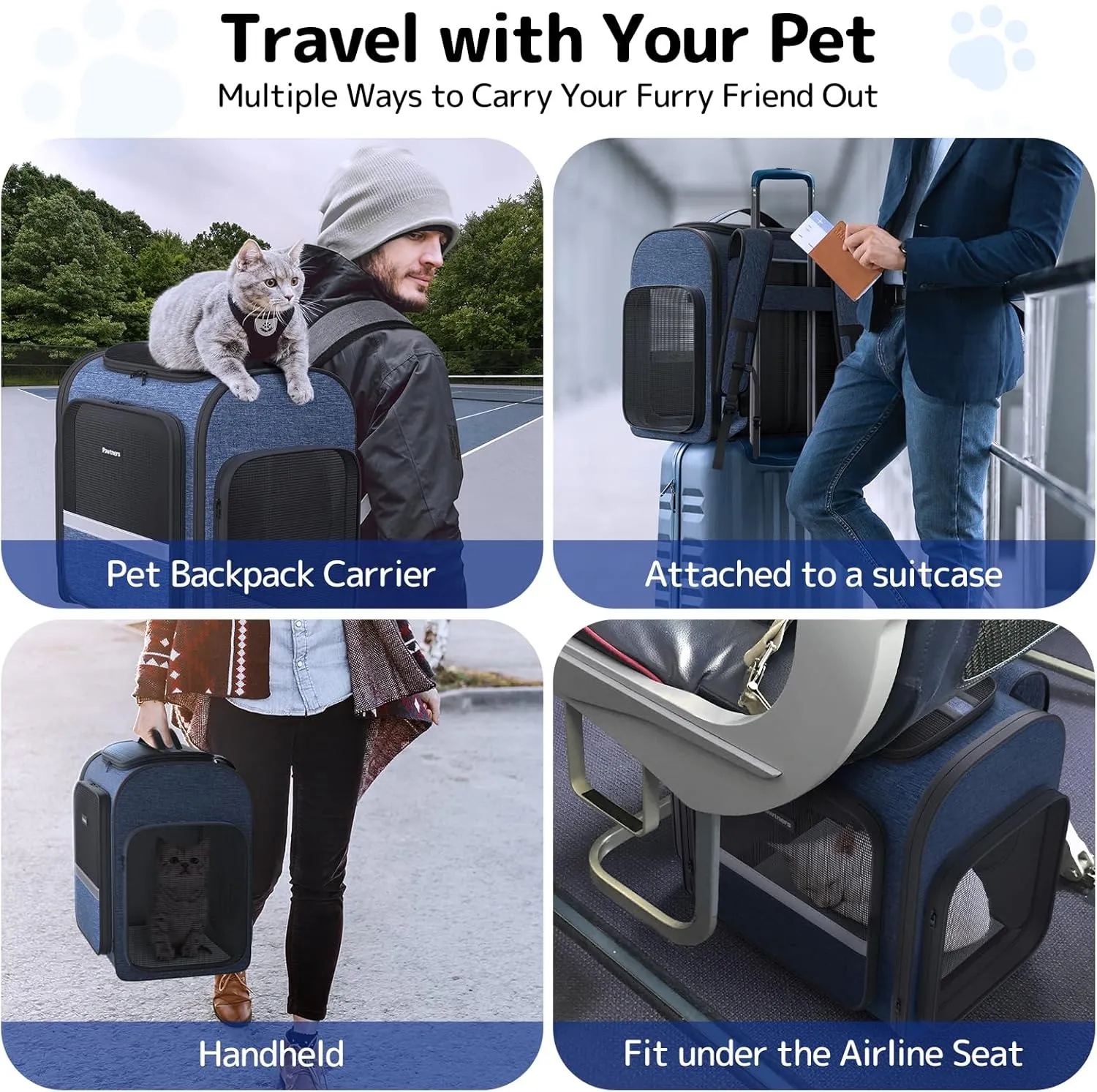 Cat Carrier Backpacks: Expandable Pet Backpack with Breathable Mesh, Pet Carrier Backpack for Cats Small Dogs Puppies Up to 18 Lbs, Dog Carrier Backpack for Travel Hiking Camping Outdoor Blue