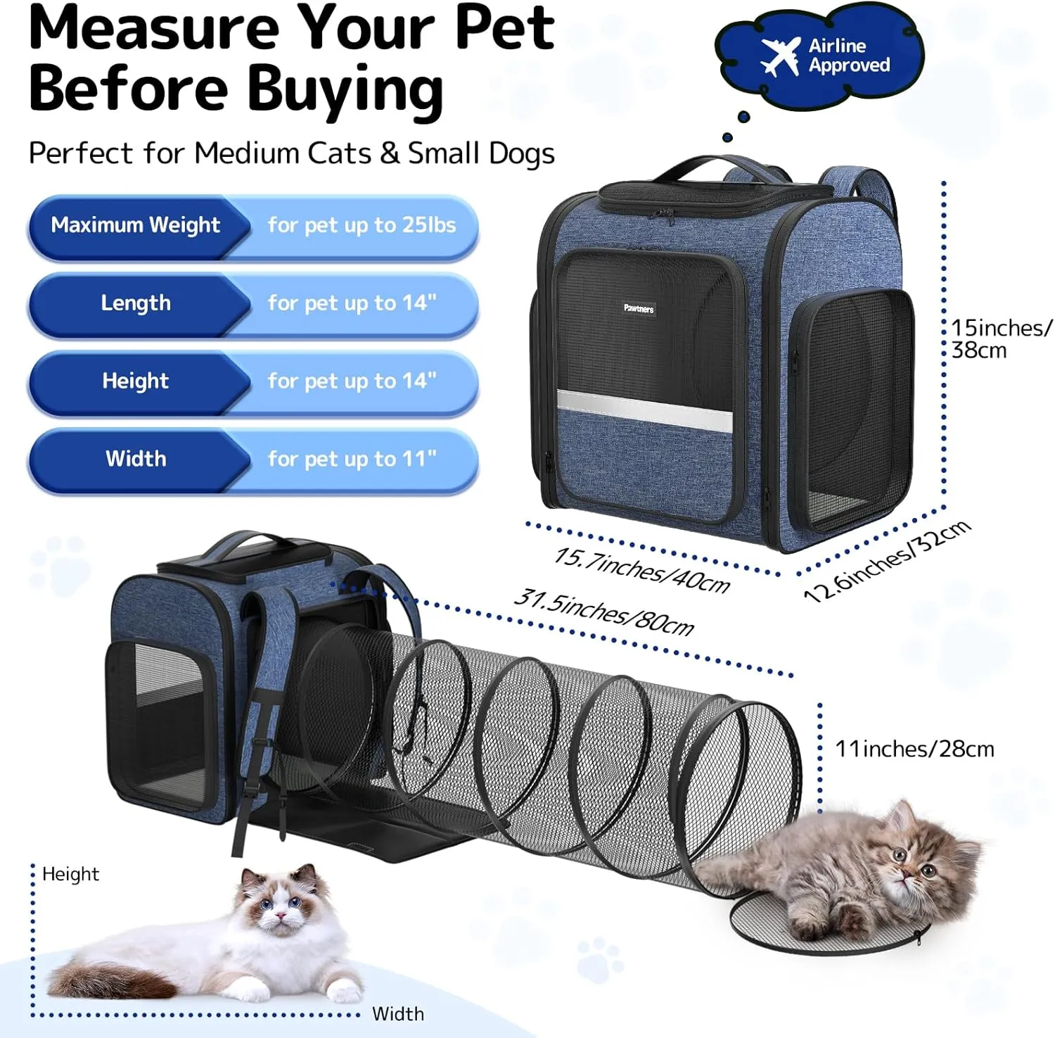 Cat Carrier Backpacks: Expandable Pet Backpack with Breathable Mesh, Pet Carrier Backpack for Cats Small Dogs Puppies Up to 18 Lbs, Dog Carrier Backpack for Travel Hiking Camping Outdoor Blue
