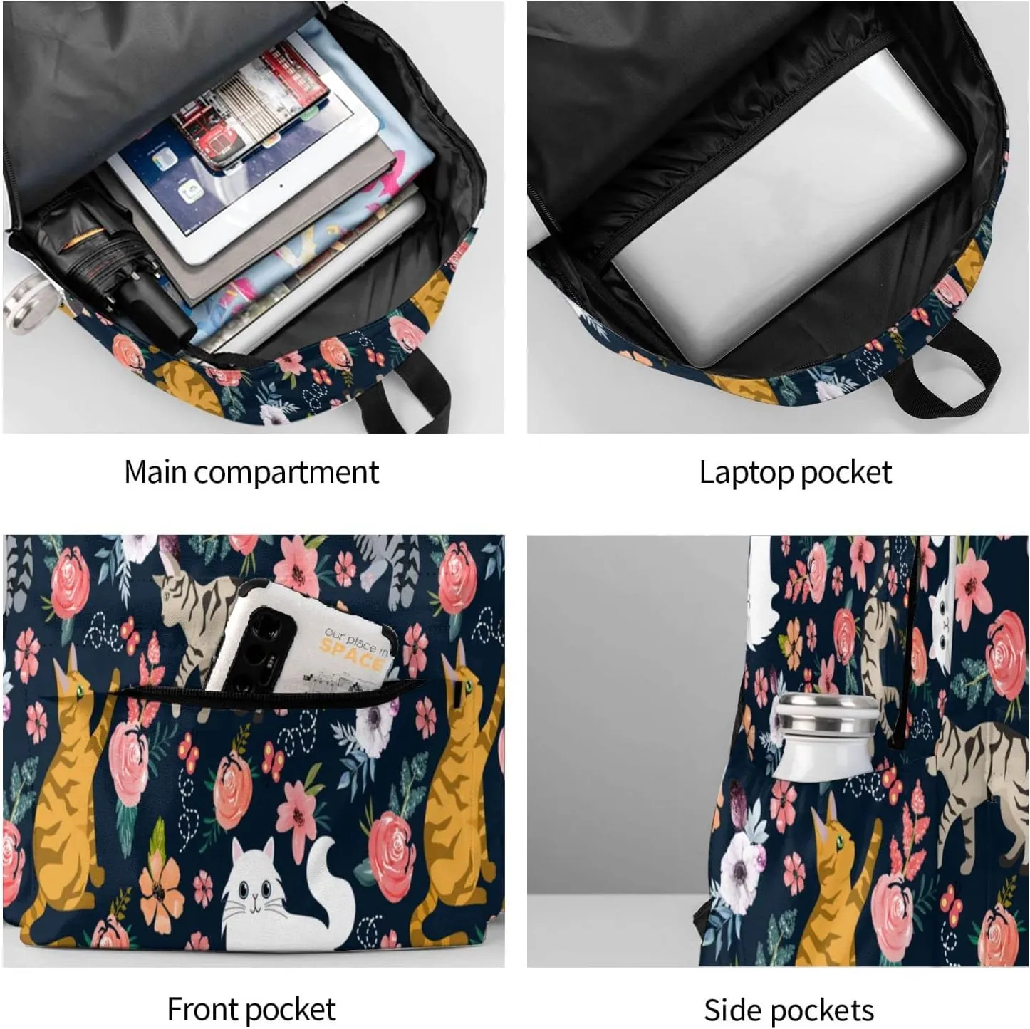 Cat Flower Backpack 16 Inches Lightweight Travel Laptop Backpack