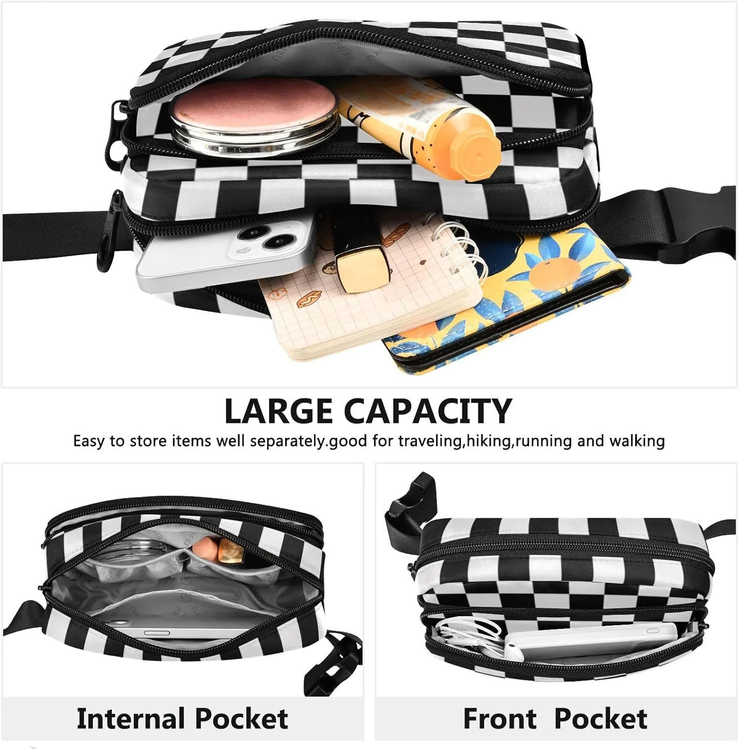 CBBYY Race Checkered Flag Fanny Pack for Women Men,Crossbody Waist Bag Pack Adjustable Casual Waist Belt Bag for Travel Running Workout Cycling