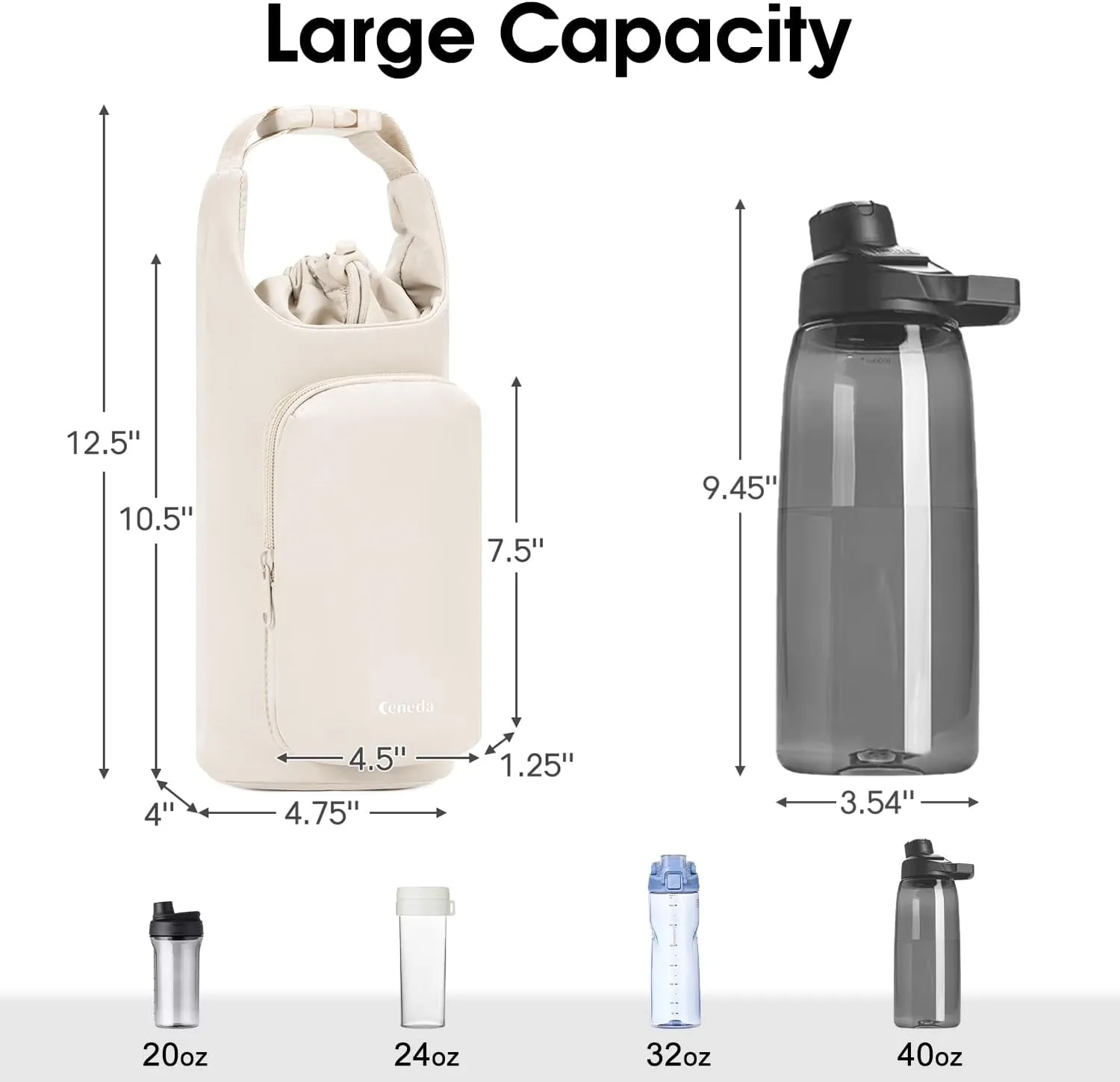 Ceneda Water Bottle Carrier Bag with Phone Pocket 32oz 40oz Tumbler Insulated Water Bottle Holder with Adjustable Shoulder Strap Carrier Sling Bag (Beige)