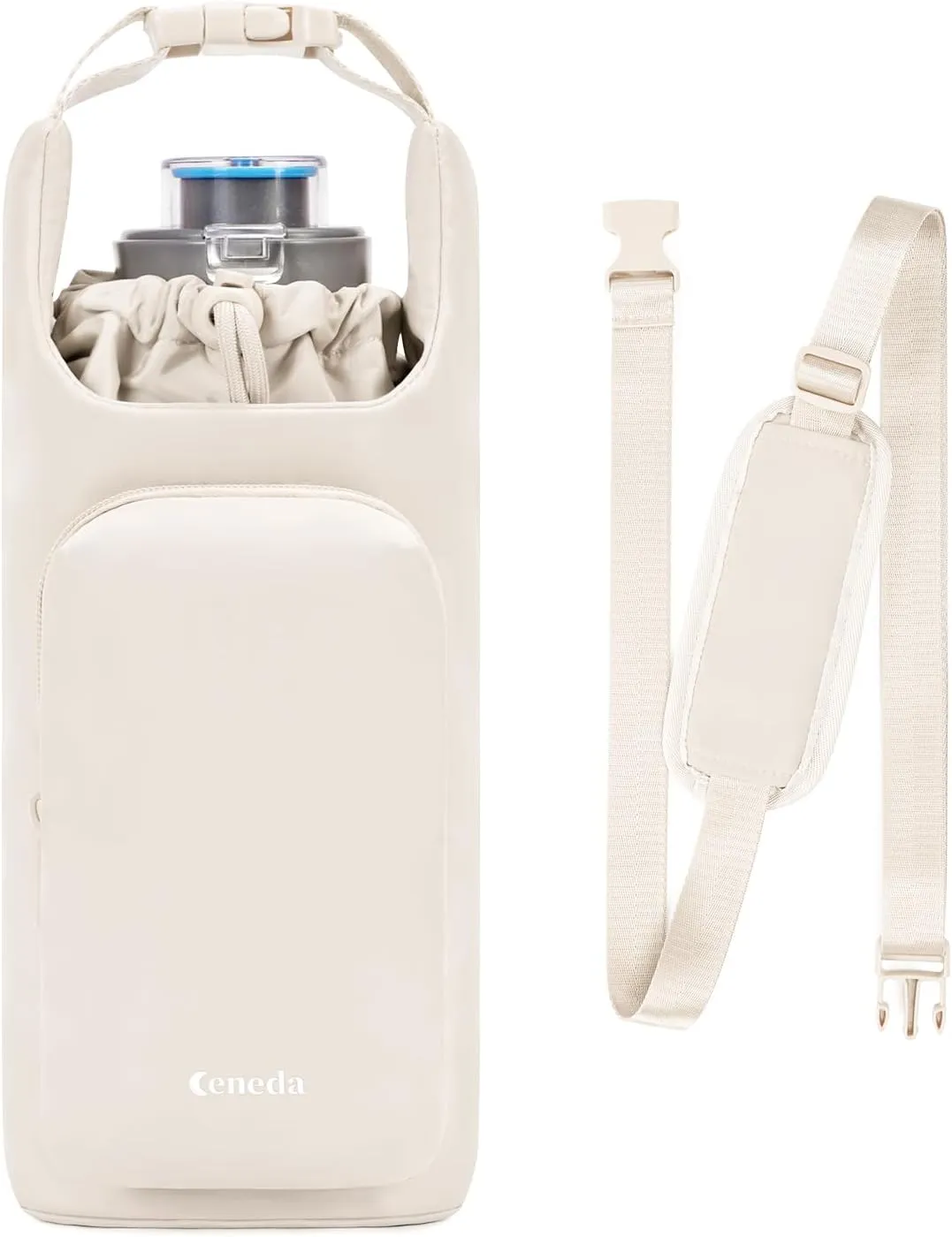 Ceneda Water Bottle Carrier Bag with Phone Pocket 32oz 40oz Tumbler Insulated Water Bottle Holder with Adjustable Shoulder Strap Carrier Sling Bag (Beige)