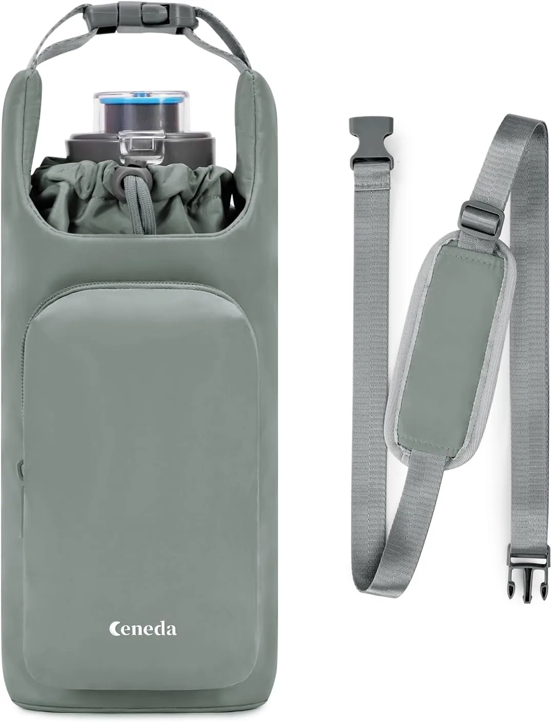 Ceneda Water Bottle Carrier Bag with Phone Pocket 32oz 40oz Tumbler Insulated Water Bottle Holder with Adjustable Shoulder Strap Carrier Sling Bag (Grey)
