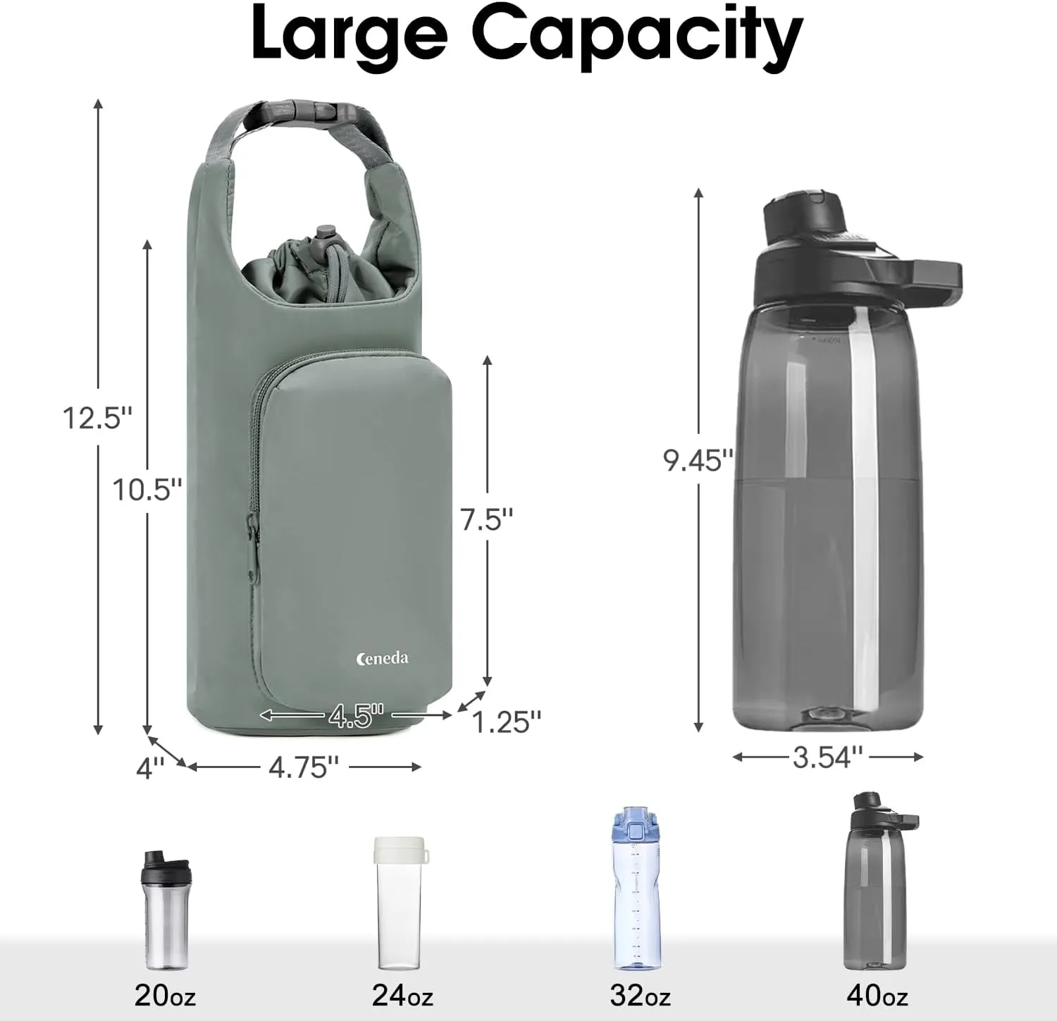 Ceneda Water Bottle Carrier Bag with Phone Pocket 32oz 40oz Tumbler Insulated Water Bottle Holder with Adjustable Shoulder Strap Carrier Sling Bag (Grey)