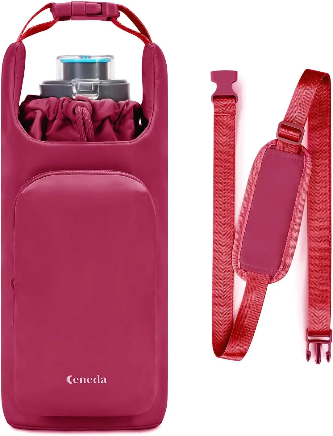 Ceneda Water Bottle Carrier Bag with Phone Pocket 32oz 40oz Tumbler Insulated Water Bottle Holder with Adjustable Shoulder Strap Carrier Sling Bag (Red)