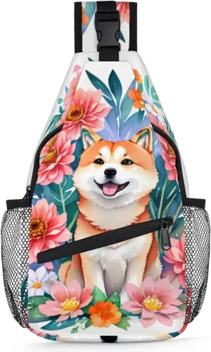cfpolar Cute Shiba Inu Flowers Sling Bag for Women Men, Lightweight Crossbody Sling Backpack Shoulder Pack Multipurpose Chest Bag for Travel Hiking Gym Cycling