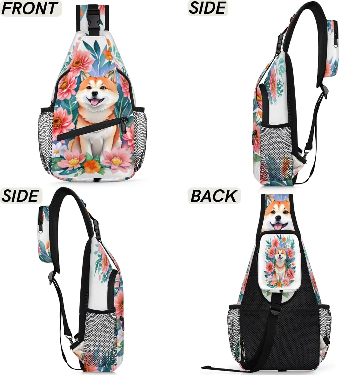 cfpolar Cute Shiba Inu Flowers Sling Bag for Women Men, Lightweight Crossbody Sling Backpack Shoulder Pack Multipurpose Chest Bag for Travel Hiking Gym Cycling