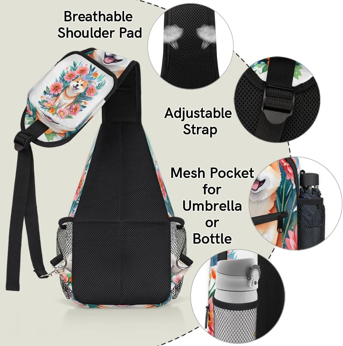 cfpolar Cute Shiba Inu Flowers Sling Bag for Women Men, Lightweight Crossbody Sling Backpack Shoulder Pack Multipurpose Chest Bag for Travel Hiking Gym Cycling