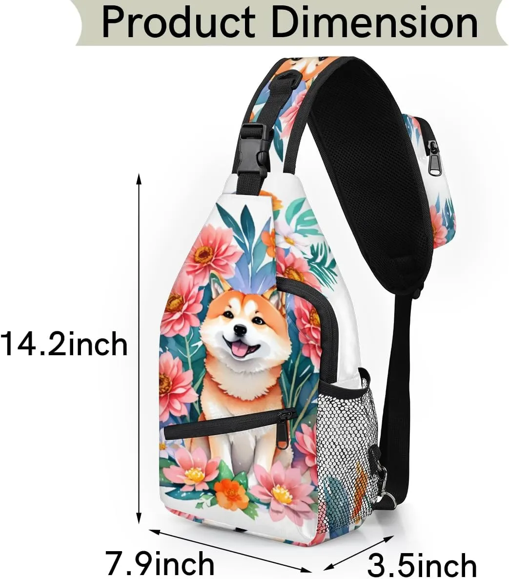 cfpolar Cute Shiba Inu Flowers Sling Bag for Women Men, Lightweight Crossbody Sling Backpack Shoulder Pack Multipurpose Chest Bag for Travel Hiking Gym Cycling