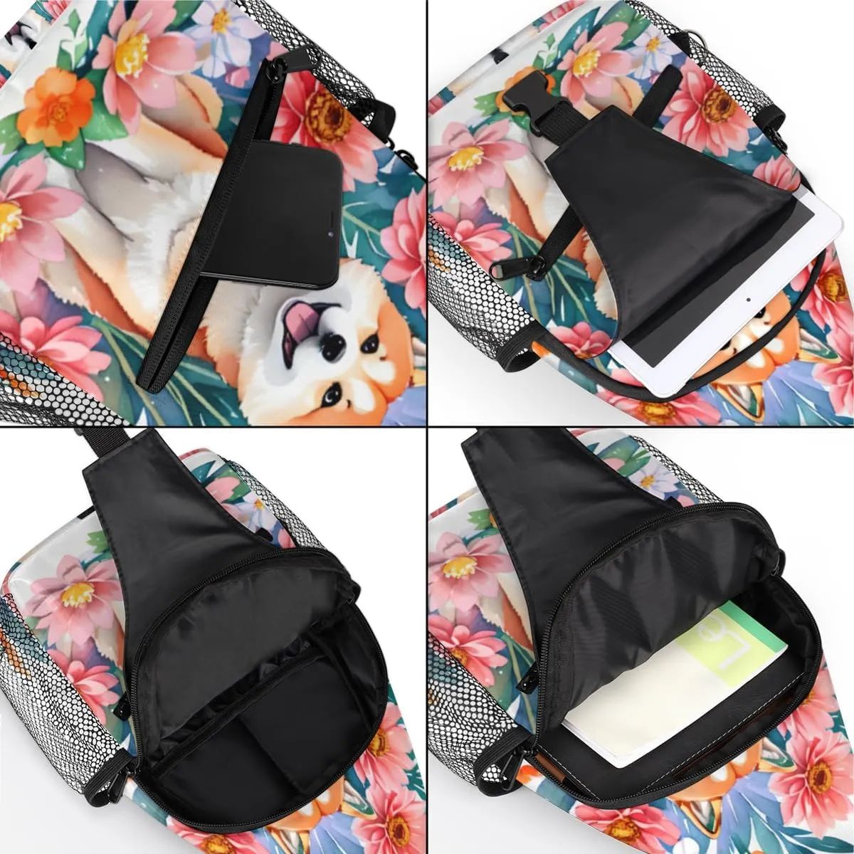cfpolar Cute Shiba Inu Flowers Sling Bag for Women Men, Lightweight Crossbody Sling Backpack Shoulder Pack Multipurpose Chest Bag for Travel Hiking Gym Cycling