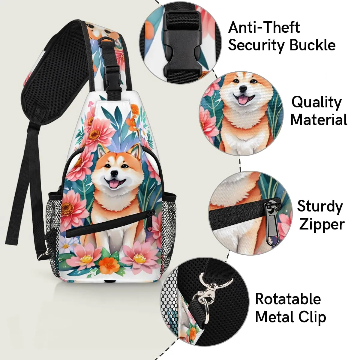 cfpolar Cute Shiba Inu Flowers Sling Bag for Women Men, Lightweight Crossbody Sling Backpack Shoulder Pack Multipurpose Chest Bag for Travel Hiking Gym Cycling