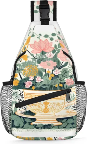 cfpolar Garden Tea Cup Flower Sling Bag for Women Men, Lightweight Crossbody Sling Backpack Shoulder Pack Multipurpose Chest Bag for Travel Hiking Gym Cycling