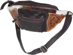 CHALLENGER Western Cowhide Floral Tooled Leather Waist Travel Fanny Pack Sling Belt Bag 18FKH23