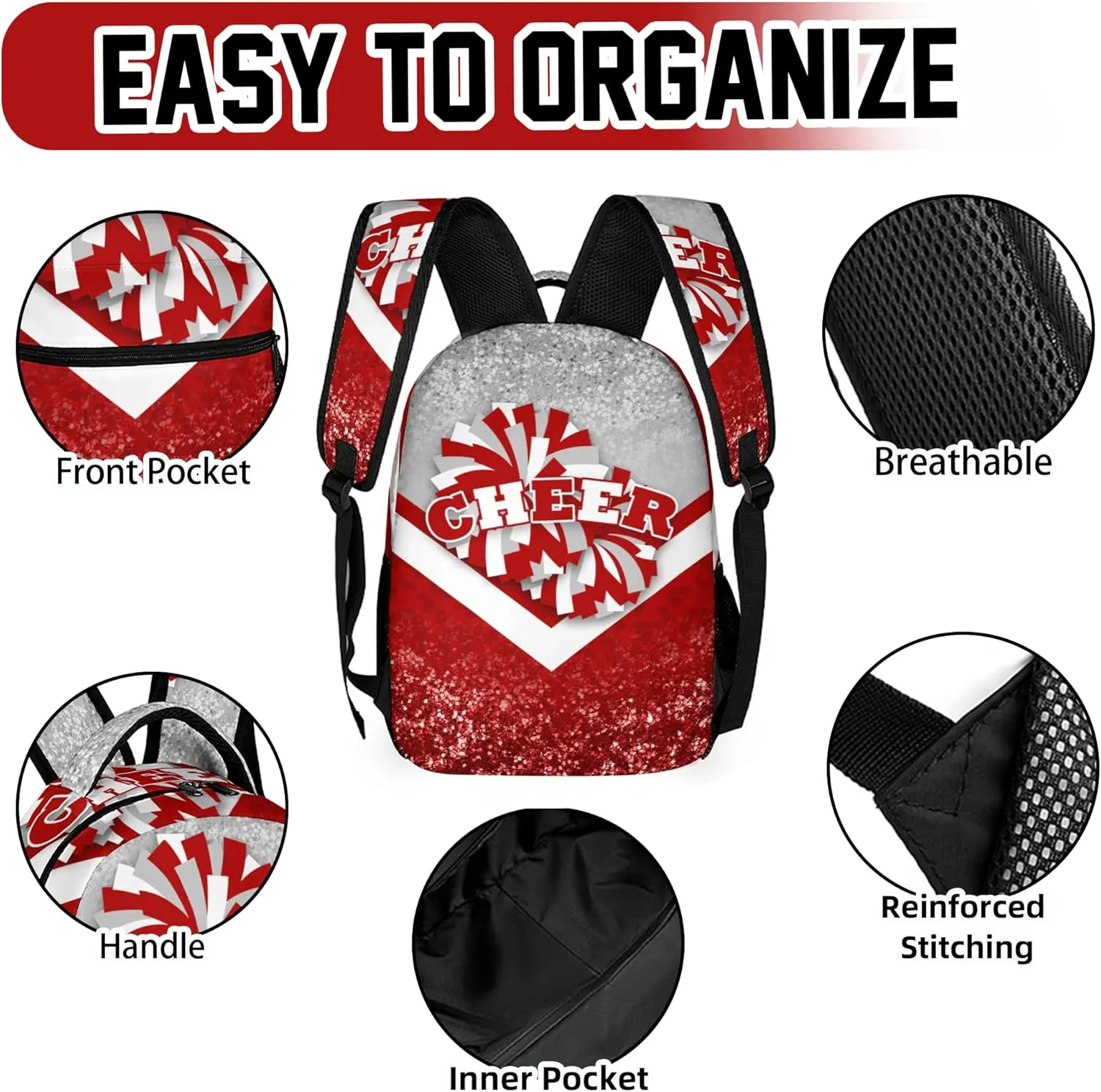 Cheer Backpacks for Cheerleaders, Cheerleading Backpack 16.5in, Cheerleader Gifts for Team (Silver&Red)