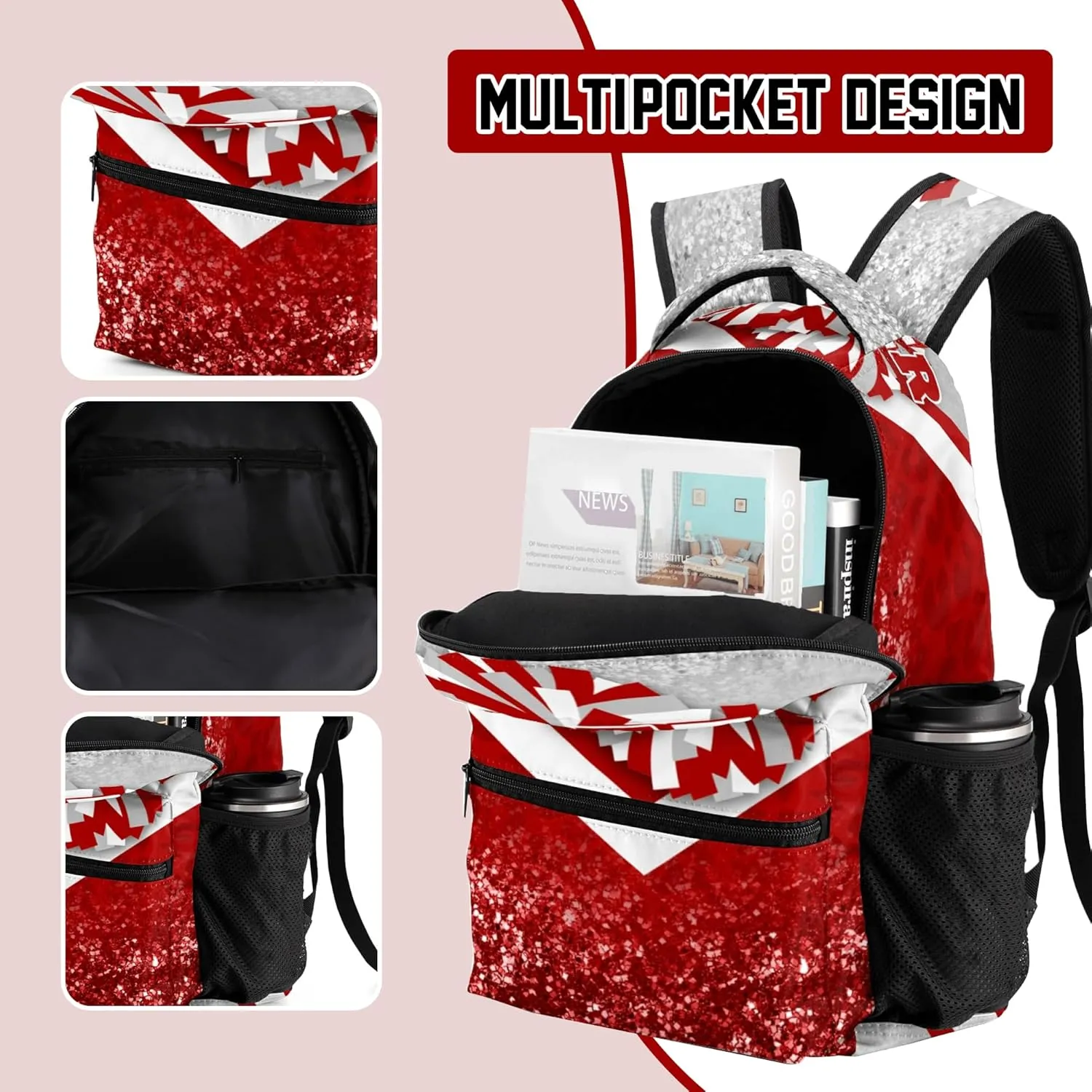 Cheer Backpacks for Cheerleaders, Cheerleading Backpack 16.5in, Cheerleader Gifts for Team (Silver&Red)