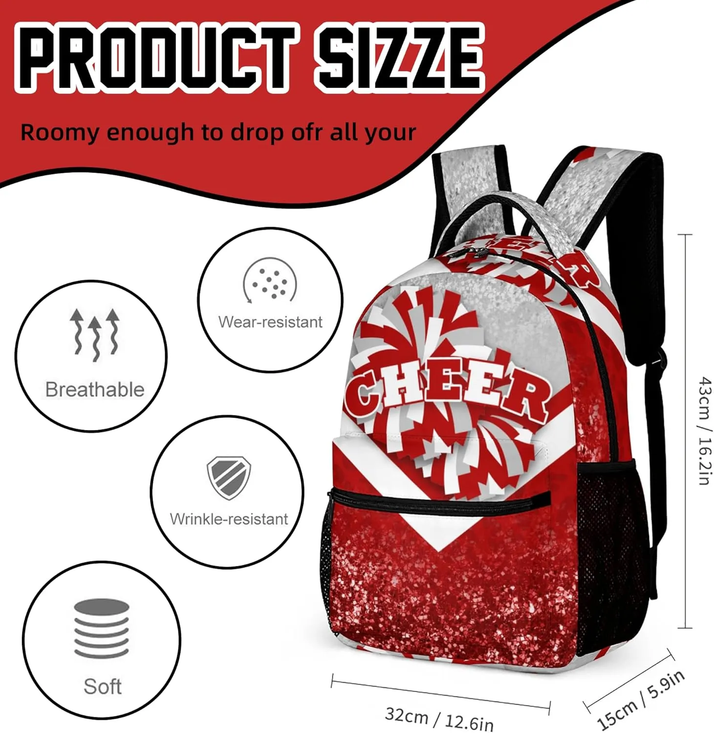 Cheer Backpacks for Cheerleaders, Cheerleading Backpack 16.5in, Cheerleader Gifts for Team (Silver&Red)