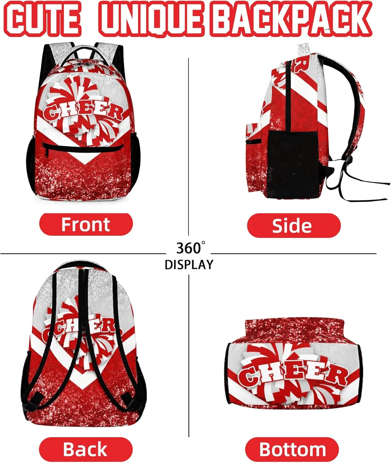 Cheer Backpacks for Cheerleaders, Cheerleading Backpack 16.5in, Cheerleader Gifts for Team (Silver&Red)