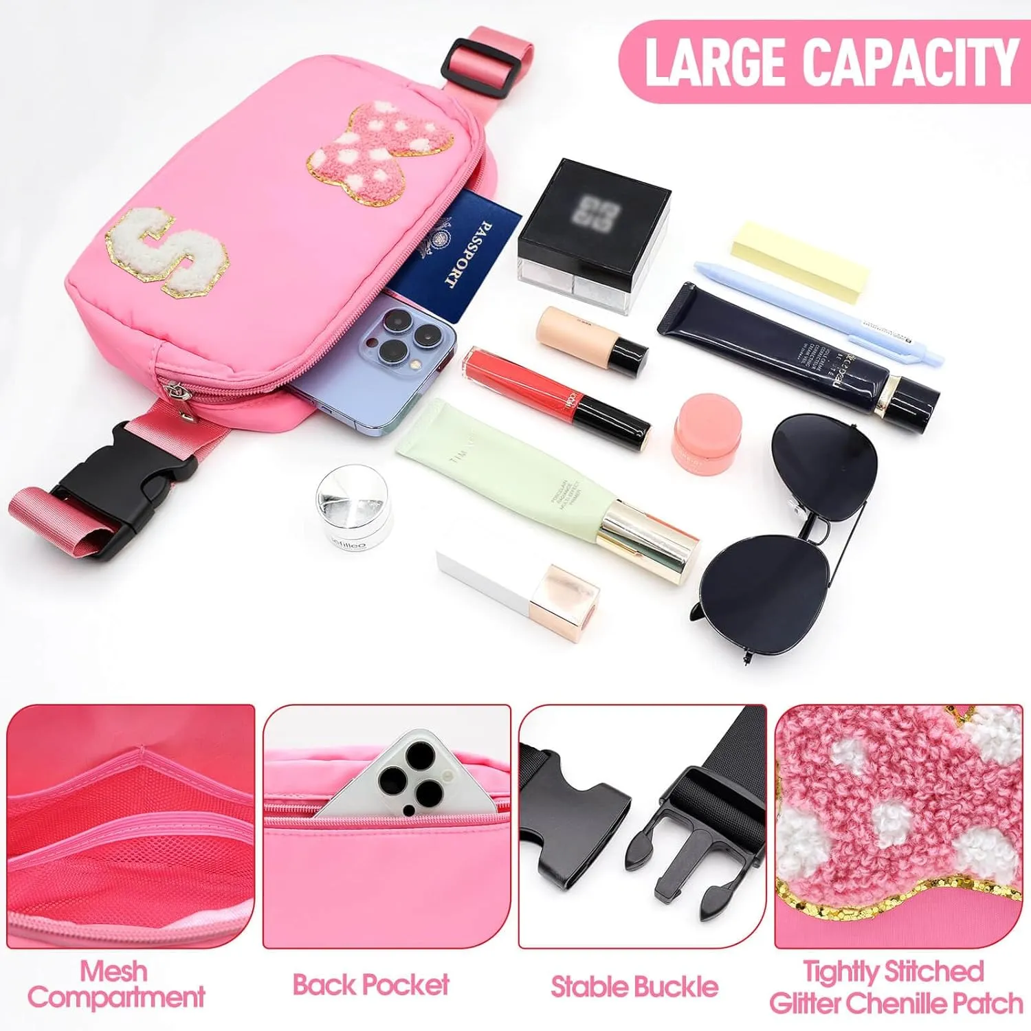 Chenille Initial Letter Bow Mouse Fanny Pack, Waterproof Park Crossbody Bag Christmas Birthday Gifts for Teen Girls Daughter Women Kids Adults, Cute Belt Bag Must Haves for Park Travel (S, Pink)