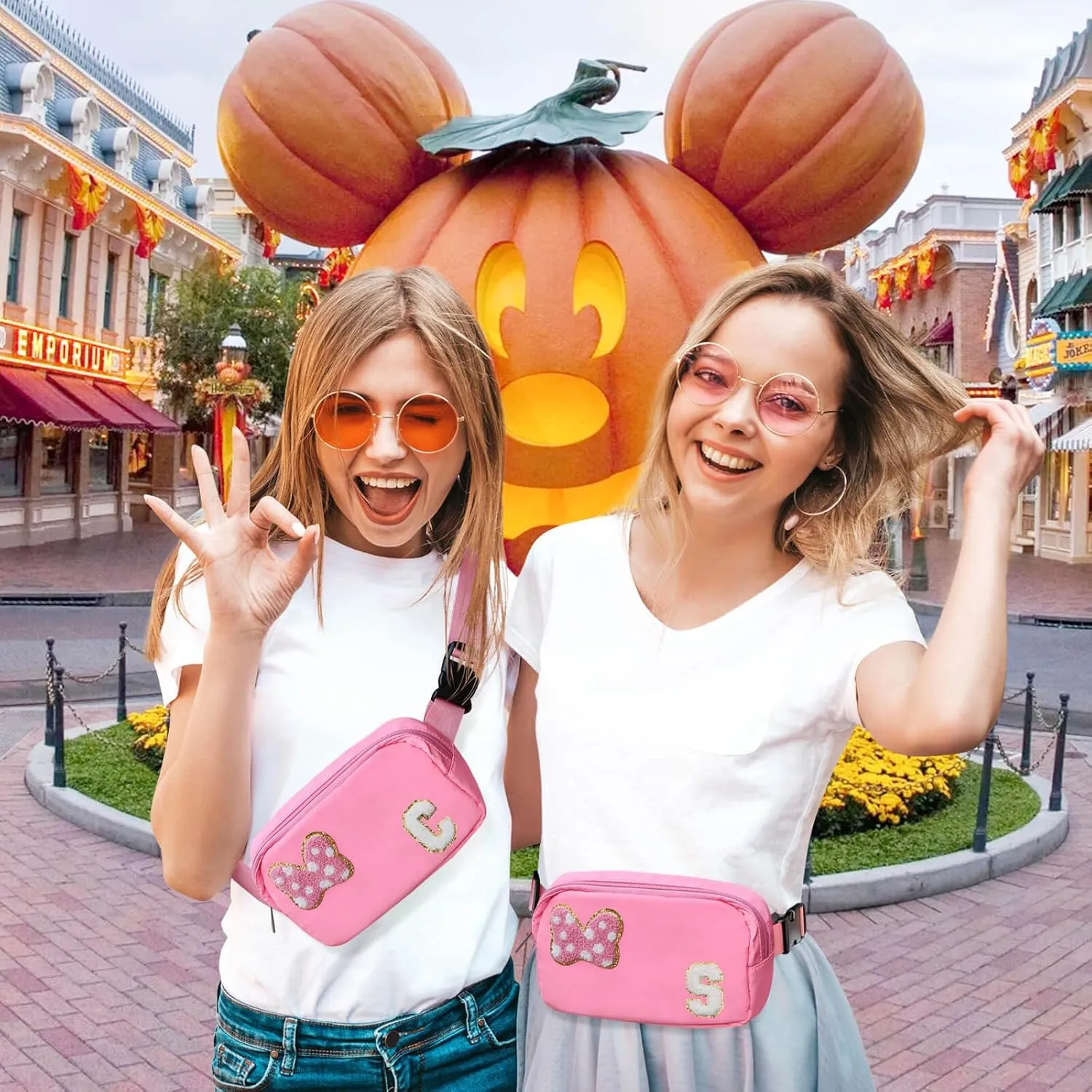 Chenille Initial Letter Bow Mouse Fanny Pack, Waterproof Park Crossbody Bag Christmas Birthday Gifts for Teen Girls Daughter Women Kids Adults, Cute Belt Bag Must Haves for Park Travel (S, Pink)