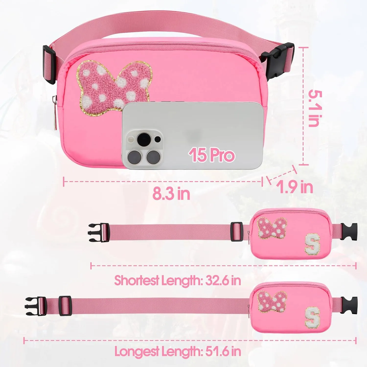 Chenille Initial Letter Bow Mouse Fanny Pack, Waterproof Park Crossbody Bag Christmas Birthday Gifts for Teen Girls Daughter Women Kids Adults, Cute Belt Bag Must Haves for Park Travel (S, Pink)