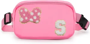 Chenille Initial Letter Bow Mouse Fanny Pack, Waterproof Park Crossbody Bag Christmas Birthday Gifts for Teen Girls Daughter Women Kids Adults, Cute Belt Bag Must Haves for Park Travel (S, Pink)