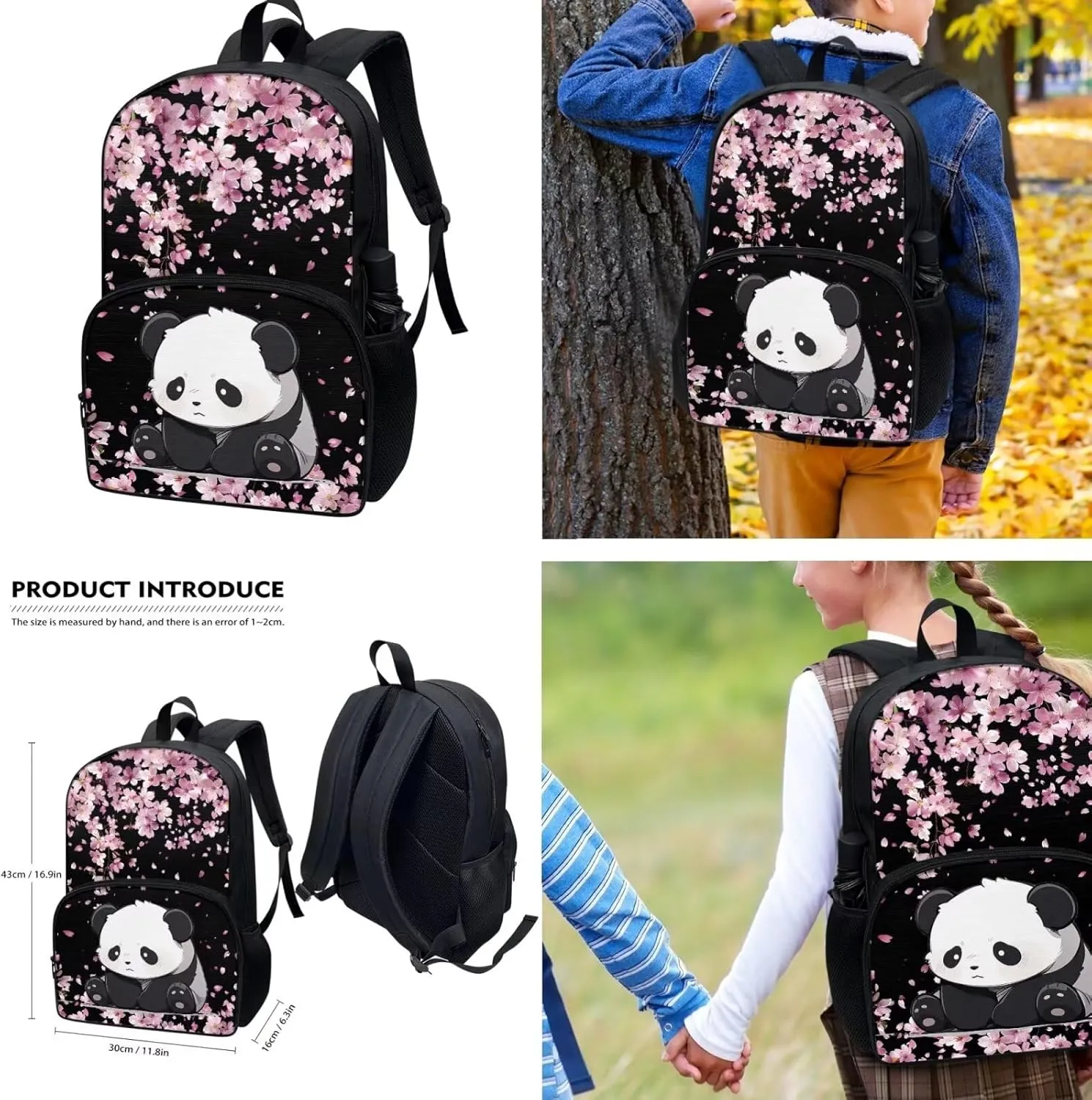 Cherry Blossom Panda Backpack for School Girls 10-12 Elementary School Bags and Lunch Box Pencil Case,Middle School Student Book Bags 17 inch Back Pack 3Rd Grade-6Th Grade Pink