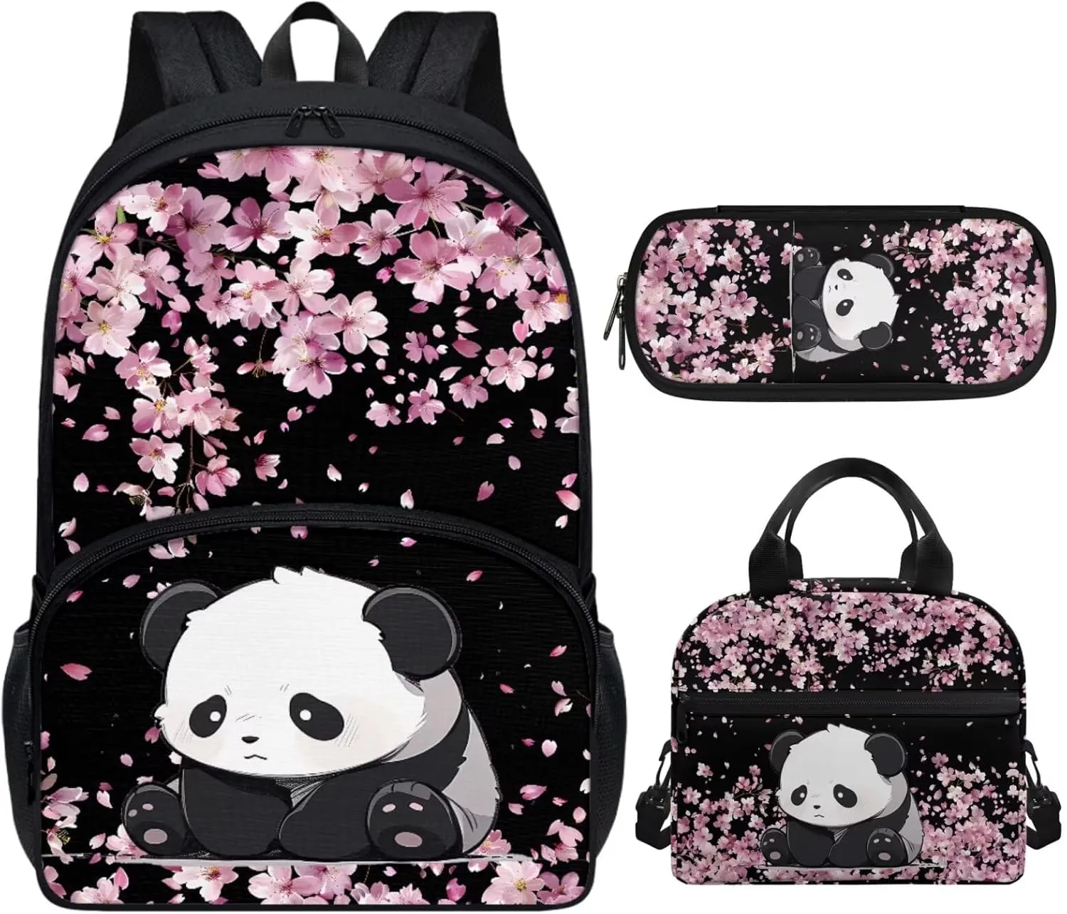 Cherry Blossom Panda Backpack for School Girls 10-12 Elementary School Bags and Lunch Box Pencil Case,Middle School Student Book Bags 17 inch Back Pack 3Rd Grade-6Th Grade Pink