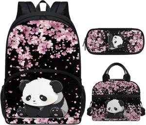 Cherry Blossom Panda Backpack for School Girls 10-12 Elementary School Bags and Lunch Box Pencil Case,Middle School Student Book Bags 17 inch Back Pack 3Rd Grade-6Th Grade Pink