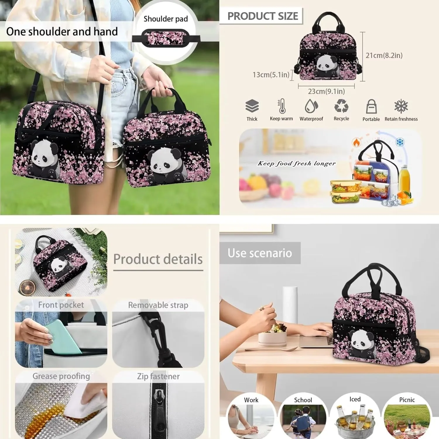 Cherry Blossom Panda Backpack for School Girls 10-12 Elementary School Bags and Lunch Box Pencil Case,Middle School Student Book Bags 17 inch Back Pack 3Rd Grade-6Th Grade Pink