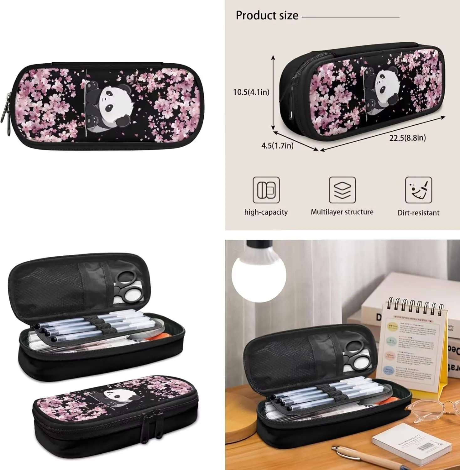 Cherry Blossom Panda Backpack for School Girls 10-12 Elementary School Bags and Lunch Box Pencil Case,Middle School Student Book Bags 17 inch Back Pack 3Rd Grade-6Th Grade Pink
