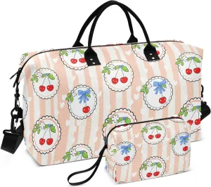 Cherry Flower Ribbon Badge Sports Gym Bag for Women Men Travel Duffel Bag Weekend Overnight Carry on Bag with Toiletry Bag Training Handbag for Plane Hospital Workout Swimming Yoga