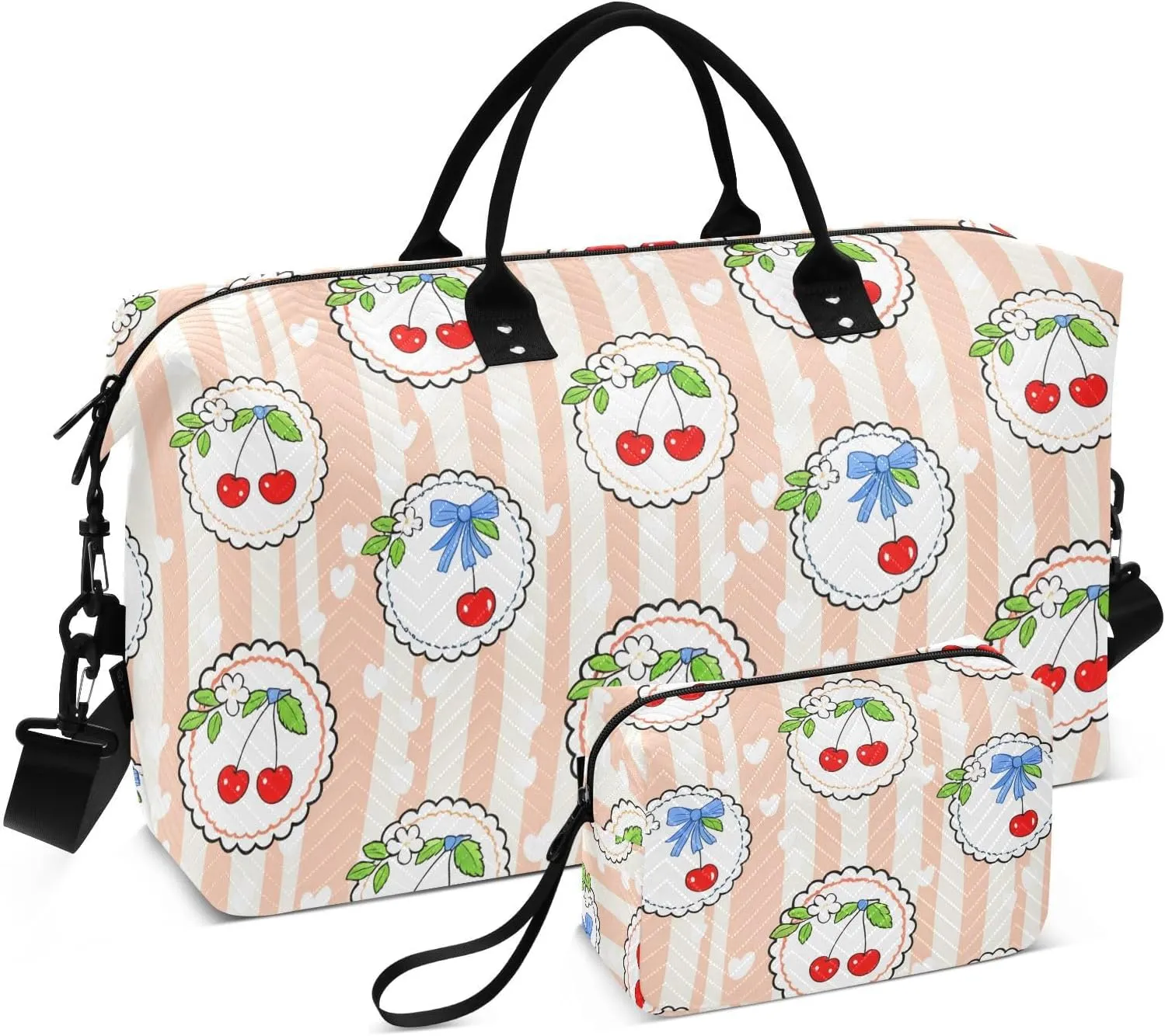 Cherry Flower Ribbon Badge Sports Gym Bag for Women Men Travel Duffel Bag Weekend Overnight Carry on Bag with Toiletry Bag Training Handbag for Plane Hospital Workout Swimming Yoga