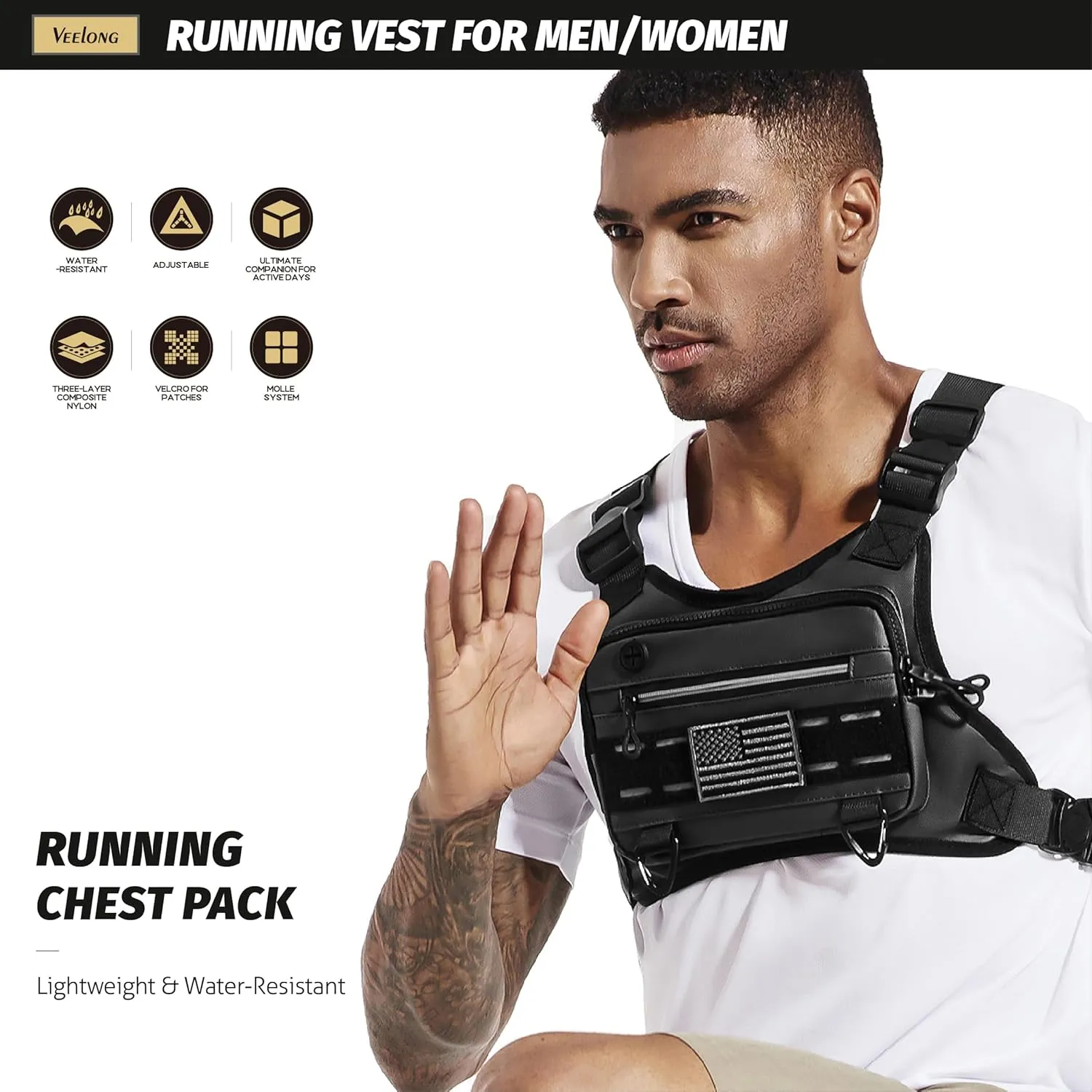 Chest Bag for Men Women, Water-resistant Running Vest with Phone Holder, EDC Tactical Chest Bag for Workouts