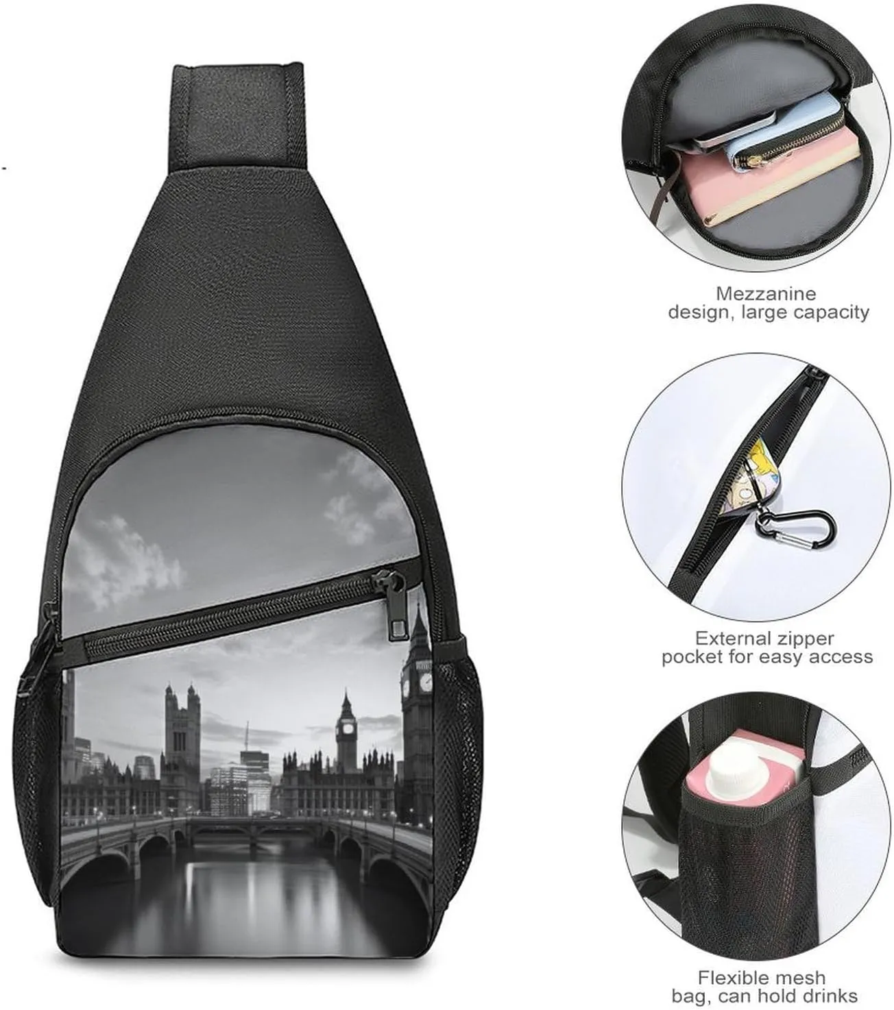Chest Bag Sling Bag for Men Women Black White Tall Building Sport Sling Backpack Lightweight Shoulder Bag for Travel