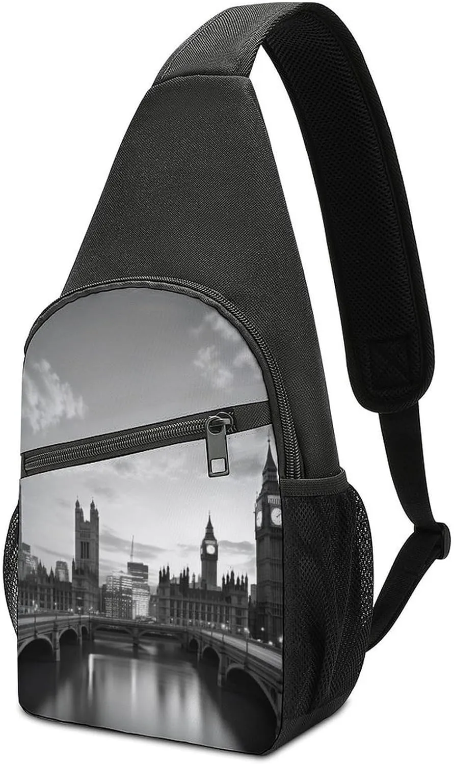 Chest Bag Sling Bag for Men Women Black White Tall Building Sport Sling Backpack Lightweight Shoulder Bag for Travel