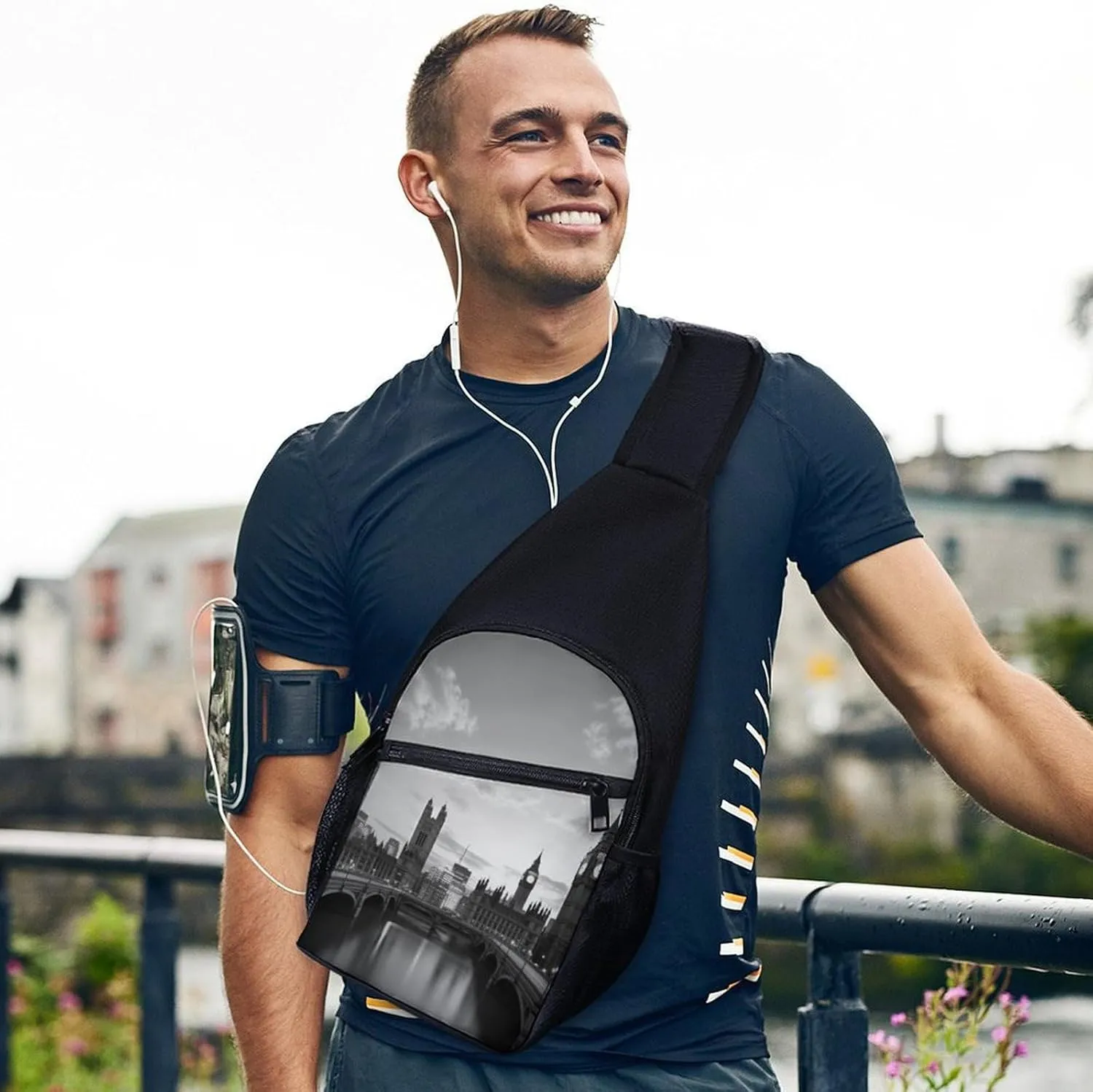 Chest Bag Sling Bag for Men Women Black White Tall Building Sport Sling Backpack Lightweight Shoulder Bag for Travel