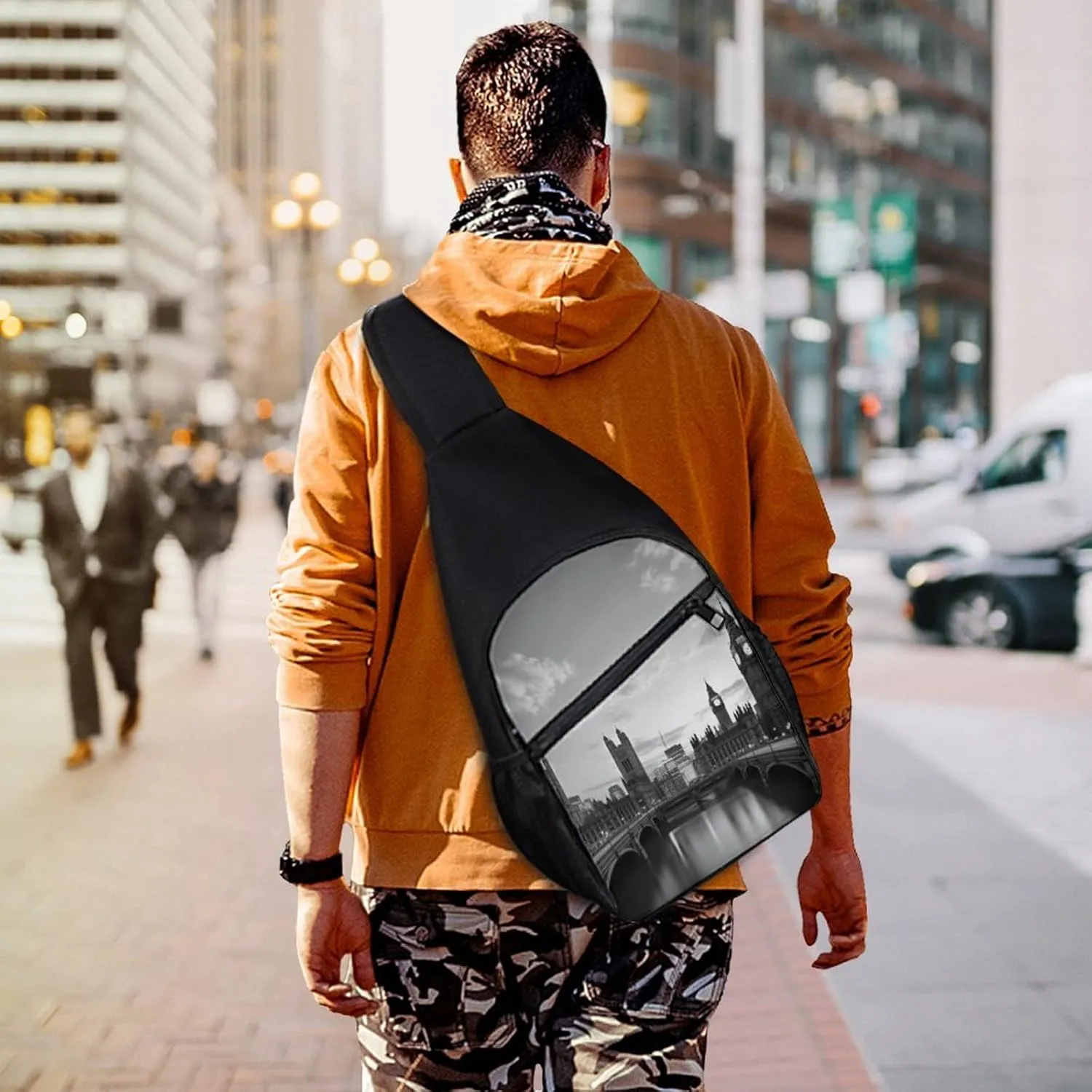 Chest Bag Sling Bag for Men Women Black White Tall Building Sport Sling Backpack Lightweight Shoulder Bag for Travel