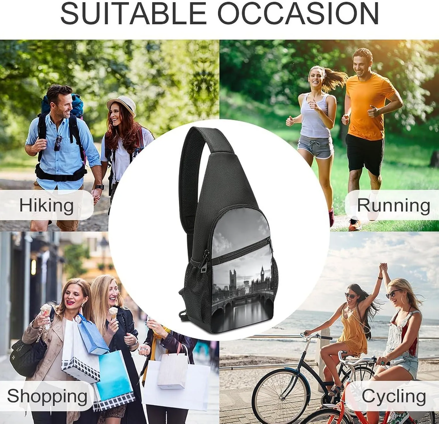 Chest Bag Sling Bag for Men Women Black White Tall Building Sport Sling Backpack Lightweight Shoulder Bag for Travel