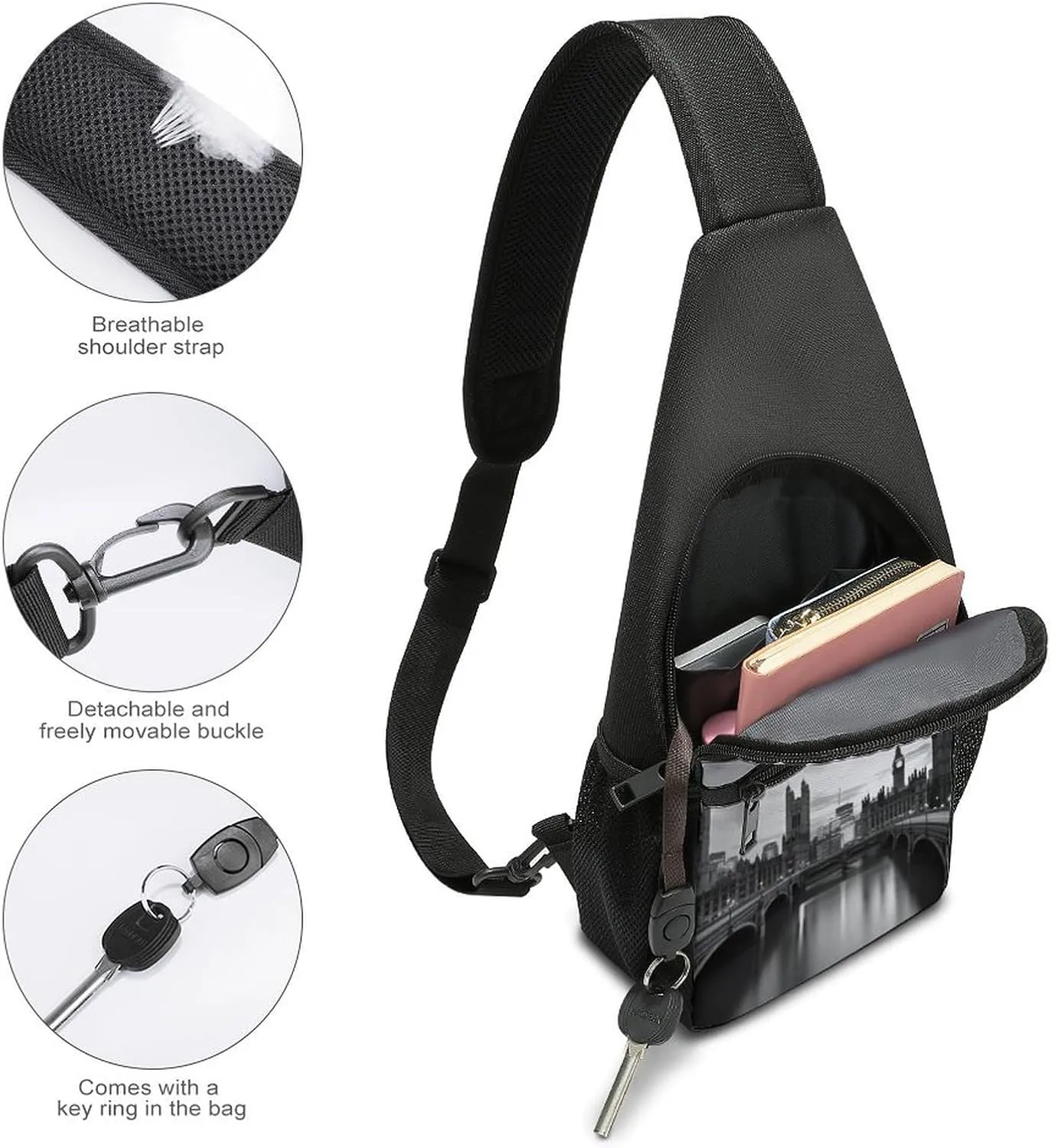 Chest Bag Sling Bag for Men Women Black White Tall Building Sport Sling Backpack Lightweight Shoulder Bag for Travel