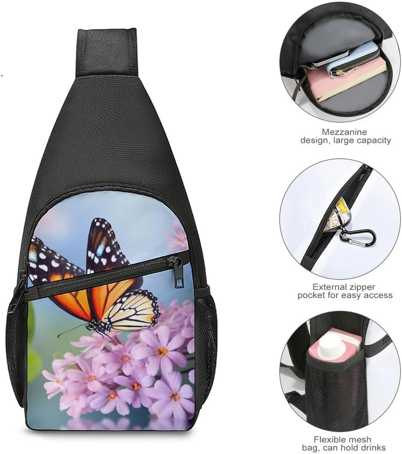 Chest Bag Sling Bag for Men Women Butterfly for Flowers Sport Sling Backpack Lightweight Shoulder Bag for Travel
